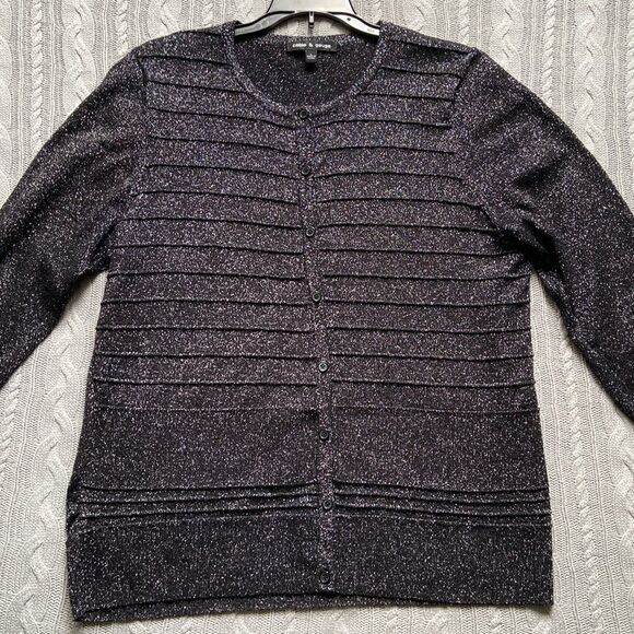 Cable & Gauge Black Metallic Button Front Long Sleeve Cardigan Sweater New Year - Picture 4 of 9